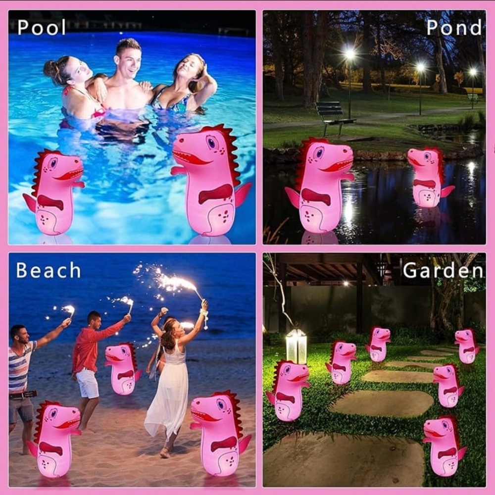 NIB:  (2-Pk) 20” Inflatable Pink Dinosaur Floating Solar Light